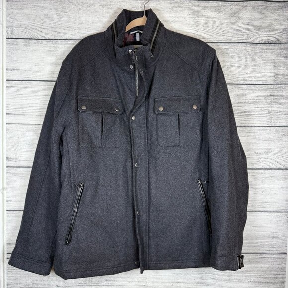 Cole Haan Other - Cole Haan Wool Blend Gray Melton Zip Up Coat Jacket With Leather Details Sz XXL